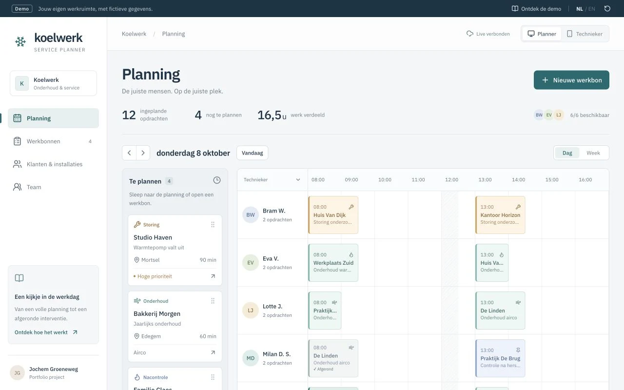 De echte Koelwerk-planner met de dagplanning per technieker en opdrachten die nog ingepland moeten worden.