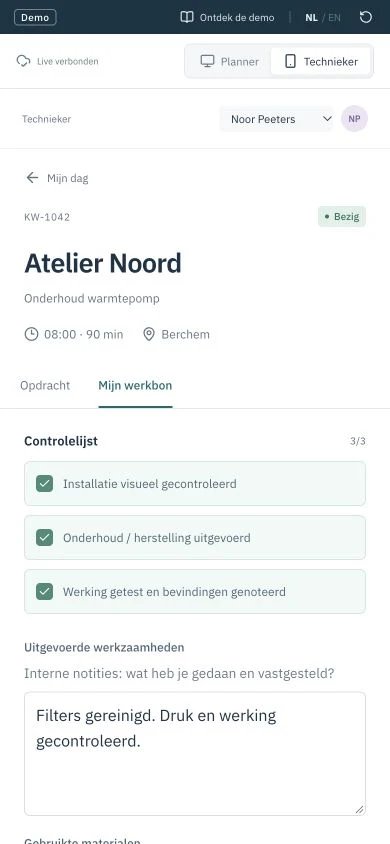 De echte mobiele Koelwerk-werkbon met controles en uitgevoerde werkzaamheden voor een fictieve interventie.
