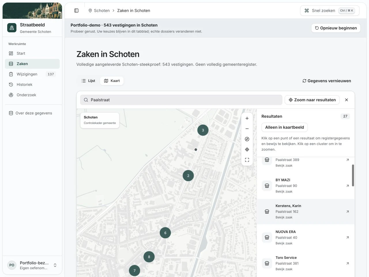 Kaart van Schoten met vestigingen uit de aangeleverde steekproef, straatfilter en een lijst met afzonderlijk te openen zaken.