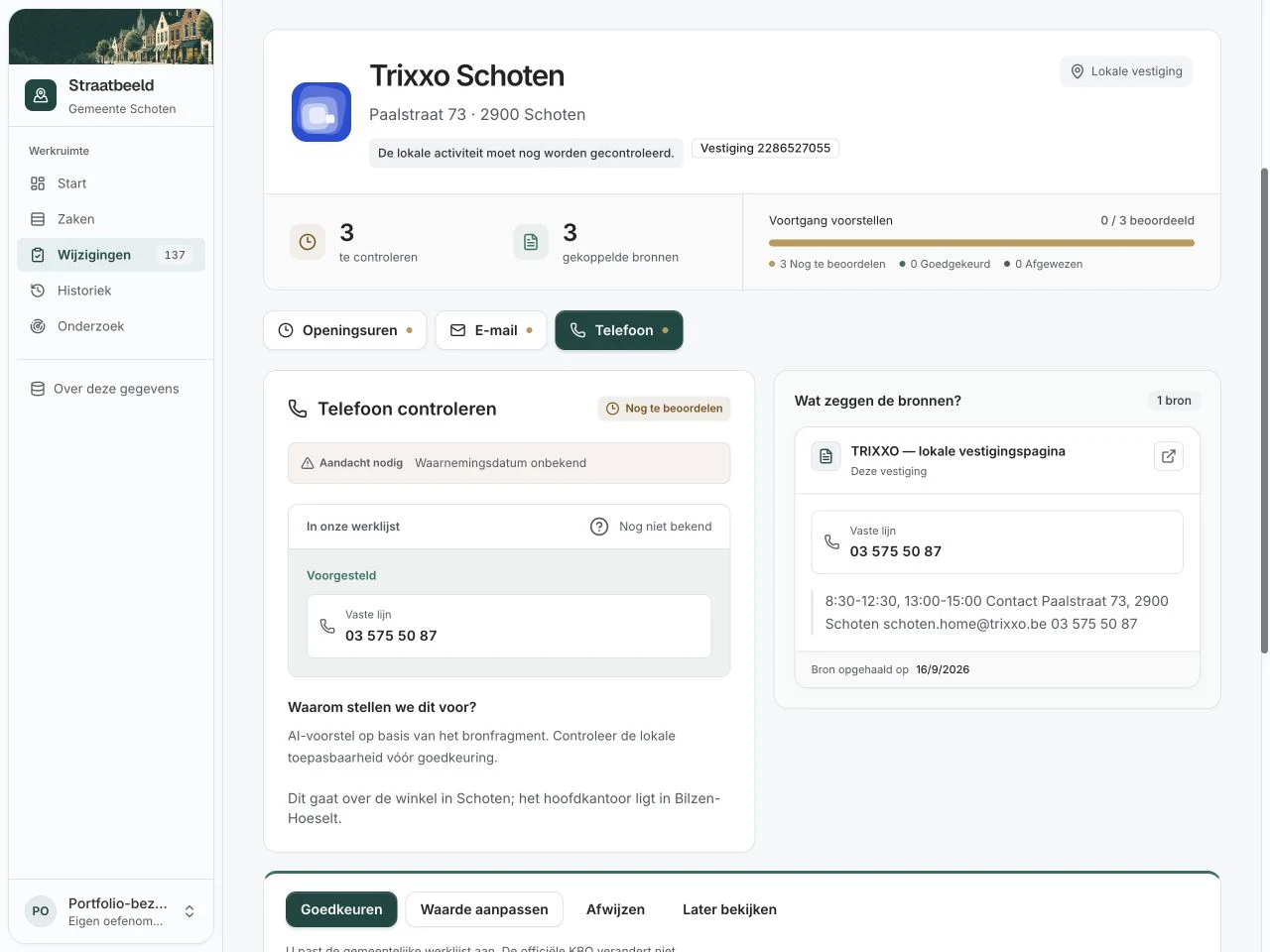 Straatbeeld vergelijkt het ontbrekende telefoonnummer van Trixxo Schoten met een voorstel uit de eigen vestigingspagina, met bronfragment en beoordelingsknoppen.